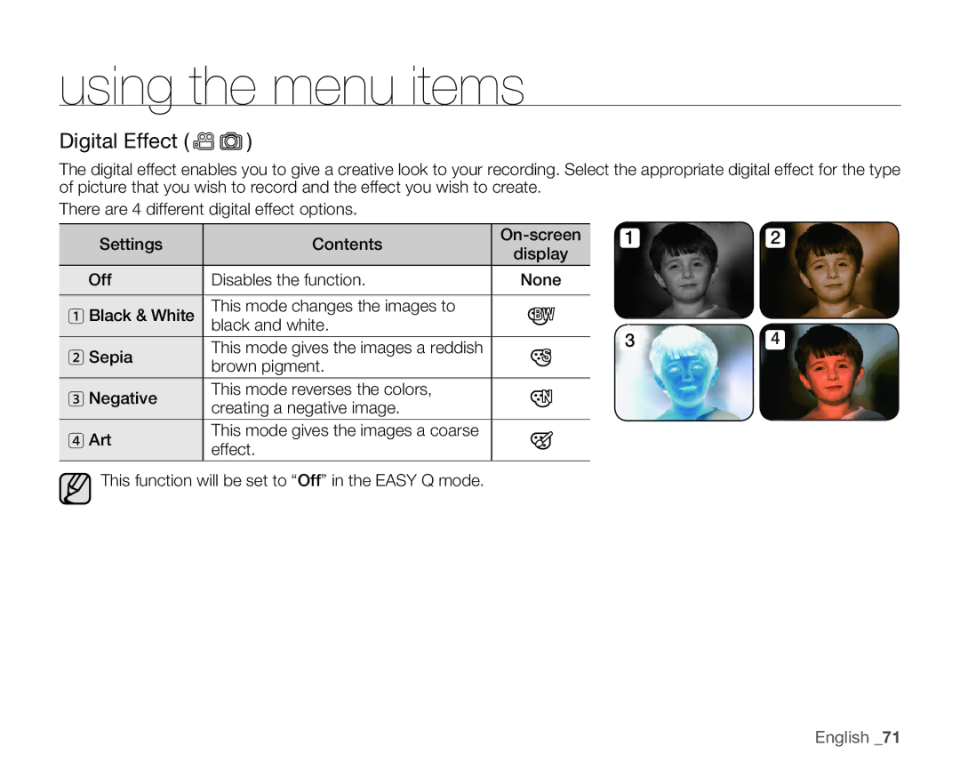 Samsung HMX-H106SN, HMX-H105BN, HMX-H100N, HMX-H104BN user manual Digital Effect 