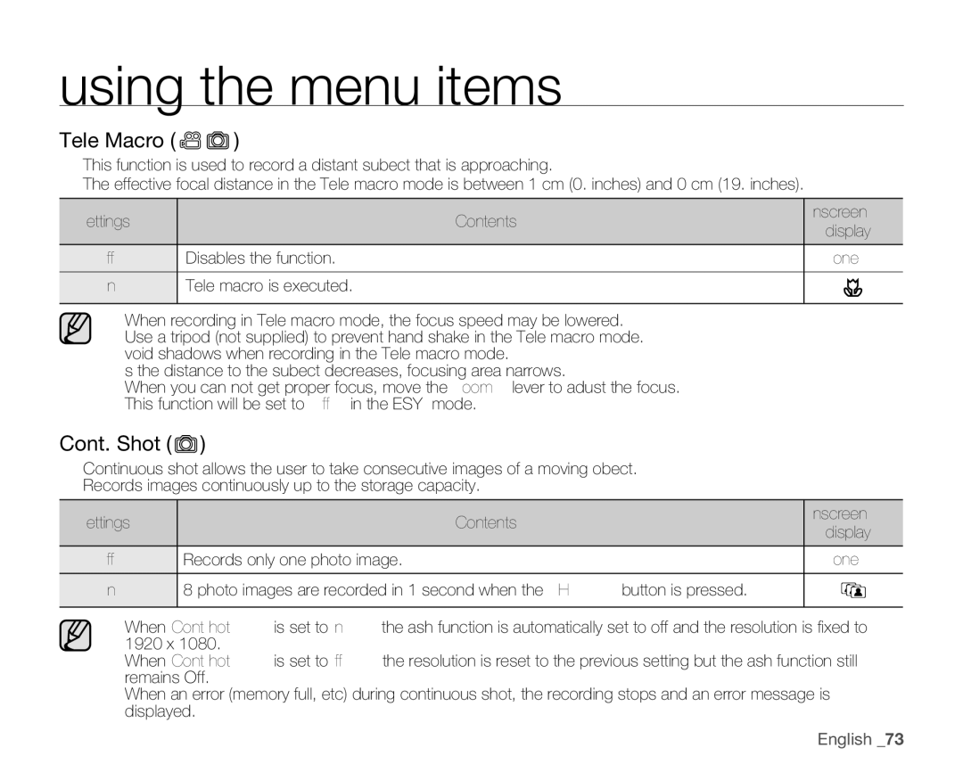 Samsung HMX-H104BN, HMX-H105BN, HMX-H106SN, HMX-H100N user manual Tele Macro, Cont. Shot, Tele macro is executed 