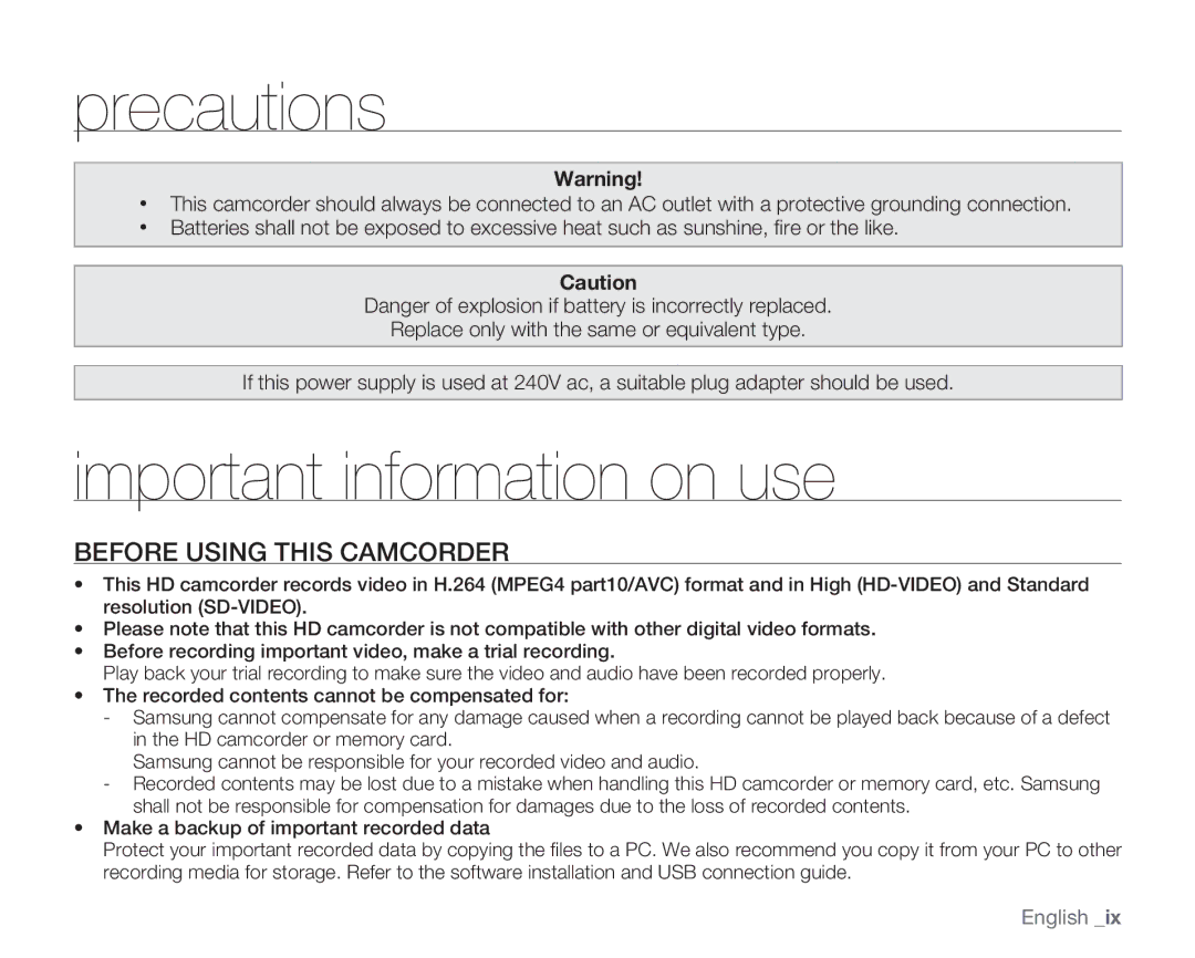 Samsung HMX-H106SN, HMX-H105BN, HMX-H100N, HMX-H104BN Precautions, Important information on use, Before Using this Camcorder 