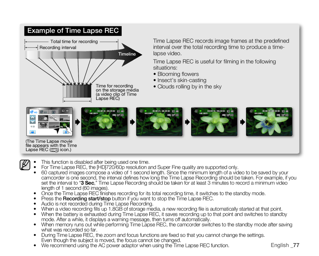 Samsung HMX-H104BN, HMX-H105BN, HMX-H106SN, HMX-H100N user manual Example of Time Lapse REC 