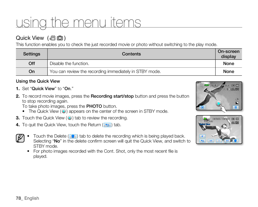 Samsung HMX-H105BN, HMX-H106SN, HMX-H100N, HMX-H104BN user manual Using the menu items, Quick View 