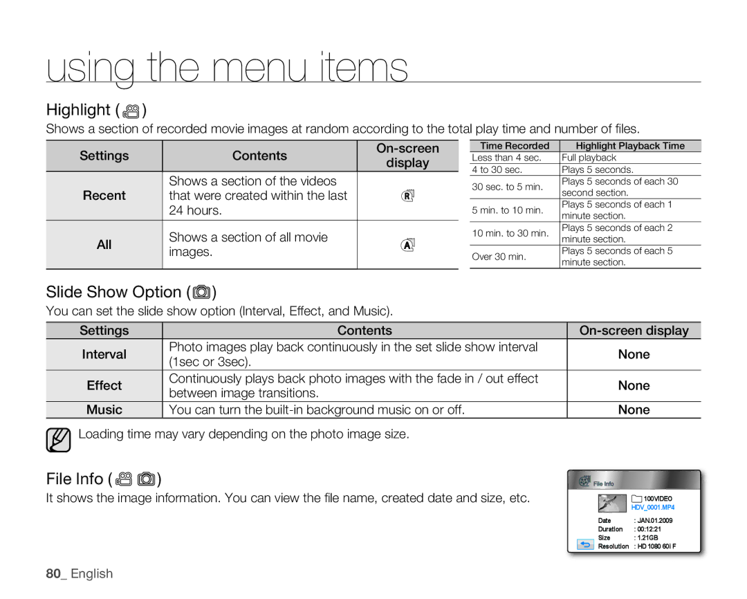 Samsung HMX-H100N, HMX-H105BN, HMX-H106SN, HMX-H104BN user manual Highlight, Slide Show Option, File Info 