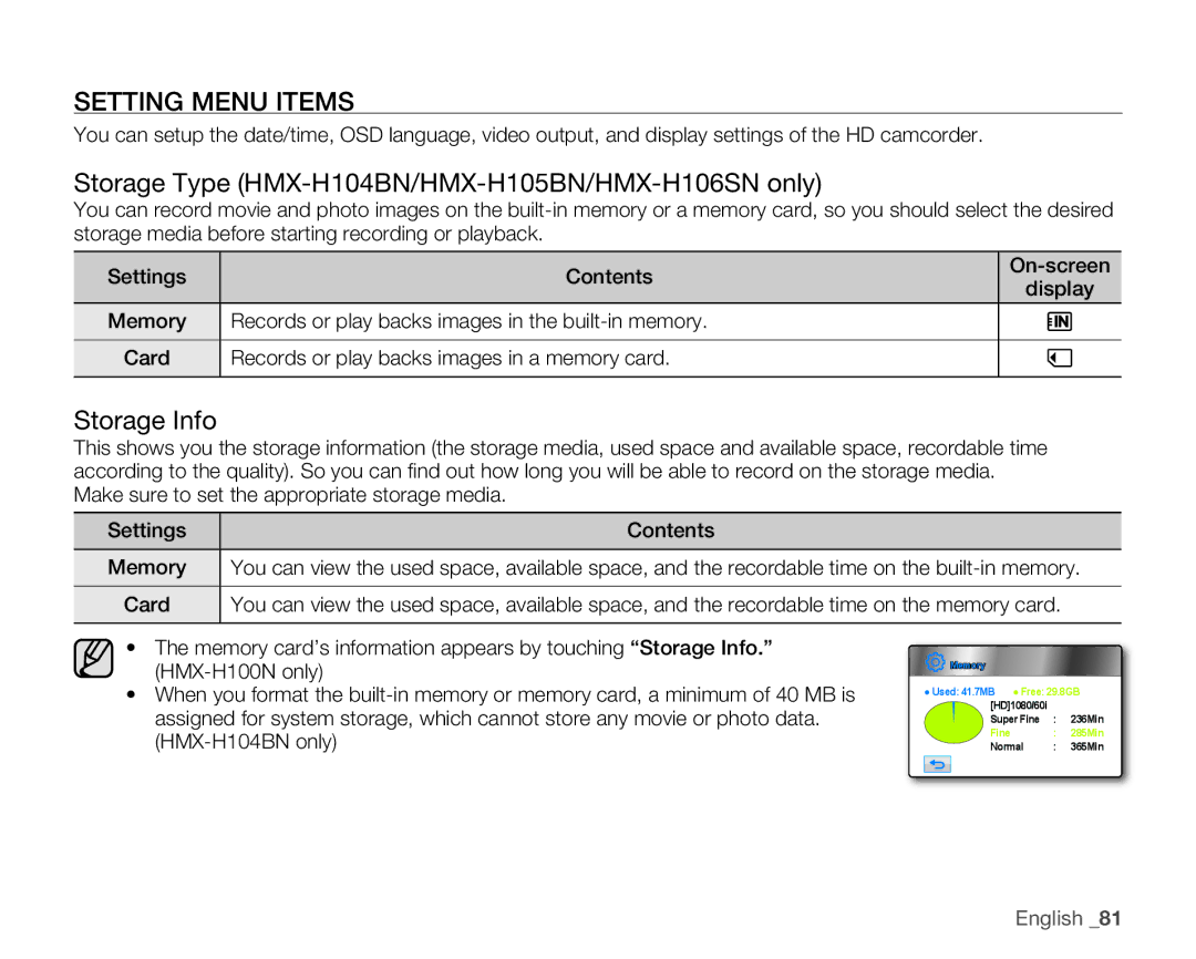 Samsung HMX-H100N user manual Setting Menu Items, Storage Type HMX-H104BN/HMX-H105BN/HMX-H106SN only, Storage Info 