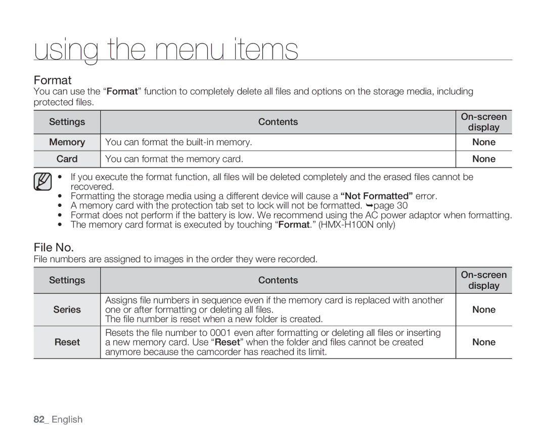 Samsung HMX-H105BN, HMX-H106SN, HMX-H100N, HMX-H104BN user manual Format, File No 