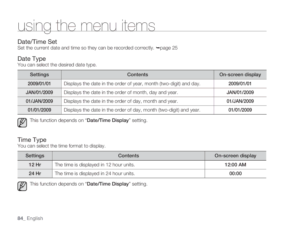 Samsung HMX-H100N, HMX-H105BN, HMX-H106SN, HMX-H104BN user manual Date/Time Set, Date Type, Time Type 