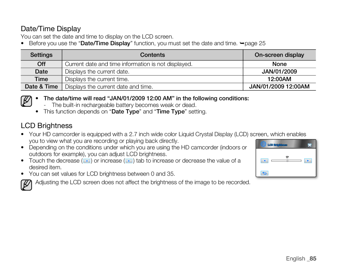 Samsung HMX-H104BN, HMX-H105BN, HMX-H106SN Date/Time Display, LCD Brightness, Tab to increase or decrease the value of a 