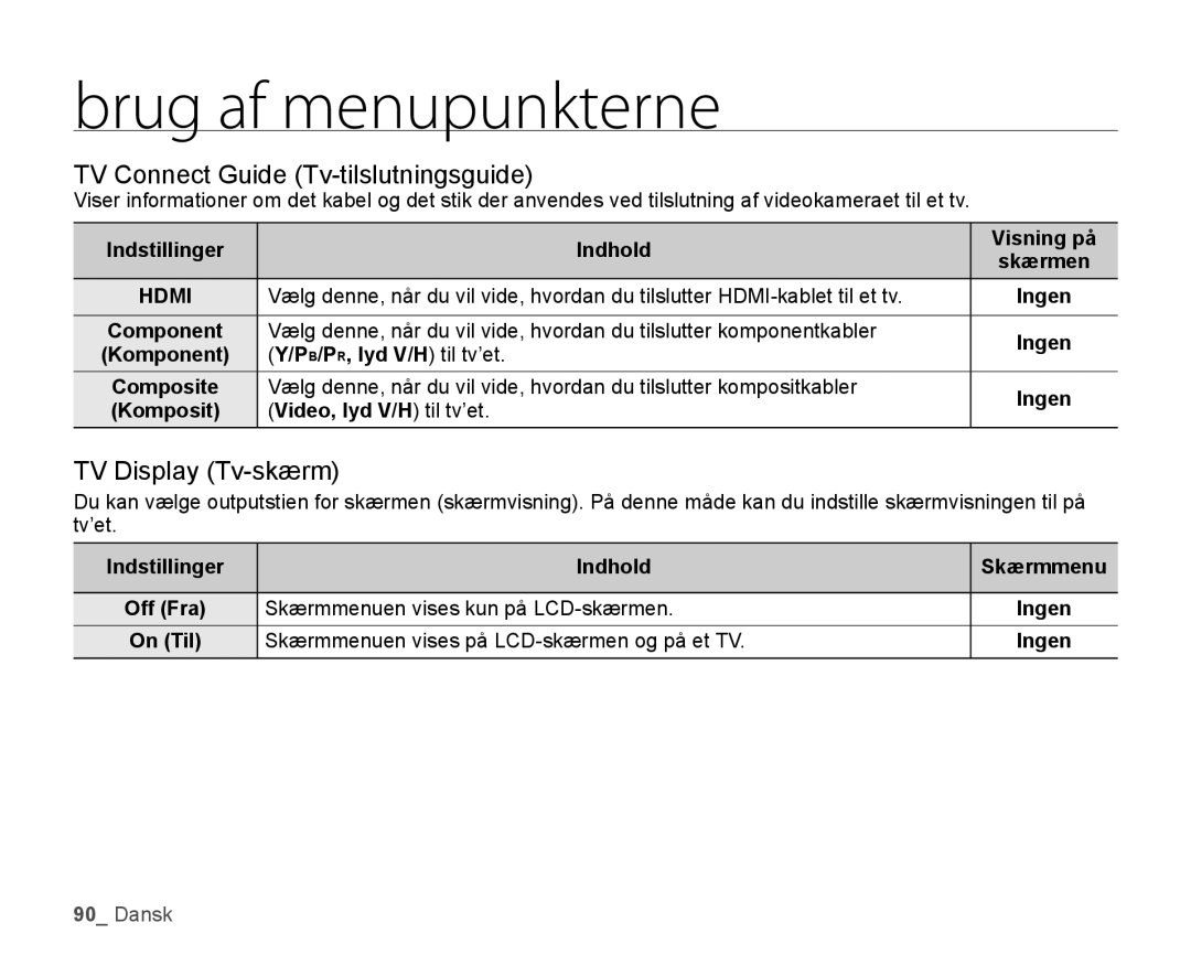 Samsung HMX-H105BP/EDC, HMX-H106SP/EDC, HMX-H100P/EDC manual TV Connect Guide Tv-tilslutningsguide, TV Display Tv-skærm 