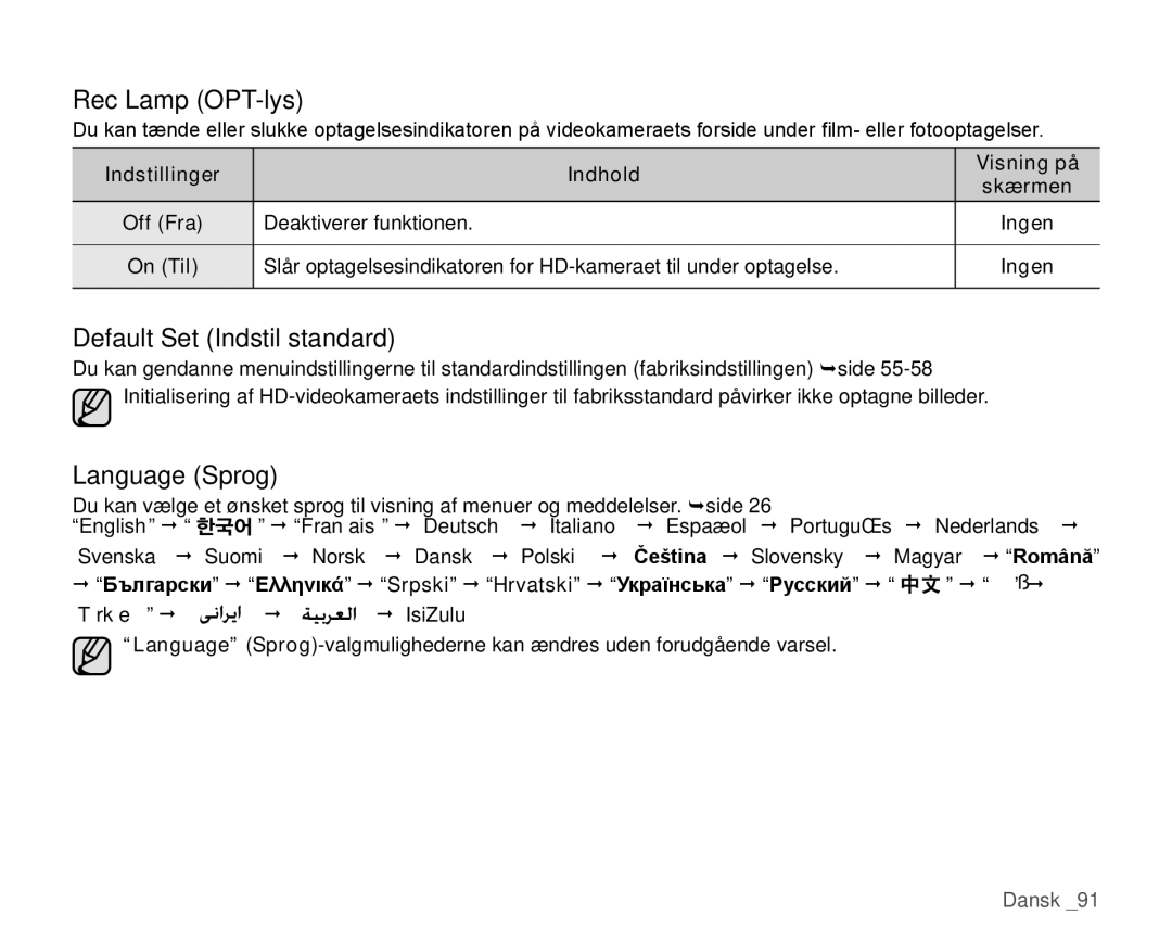 Samsung HMX-H106SP/EDC, HMX-H105BP/EDC, HMX-H100P/EDC manual Rec Lamp OPT-lys, Default Set Indstil standard, Language Sprog 