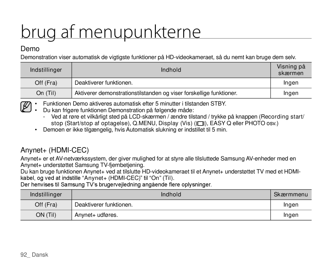 Samsung HMX-H100P/EDC, HMX-H105BP/EDC, HMX-H106SP/EDC manual Demo, Anynet+ HDMI-CEC, Anynet+ udføres, Skærmmenu Ingen 