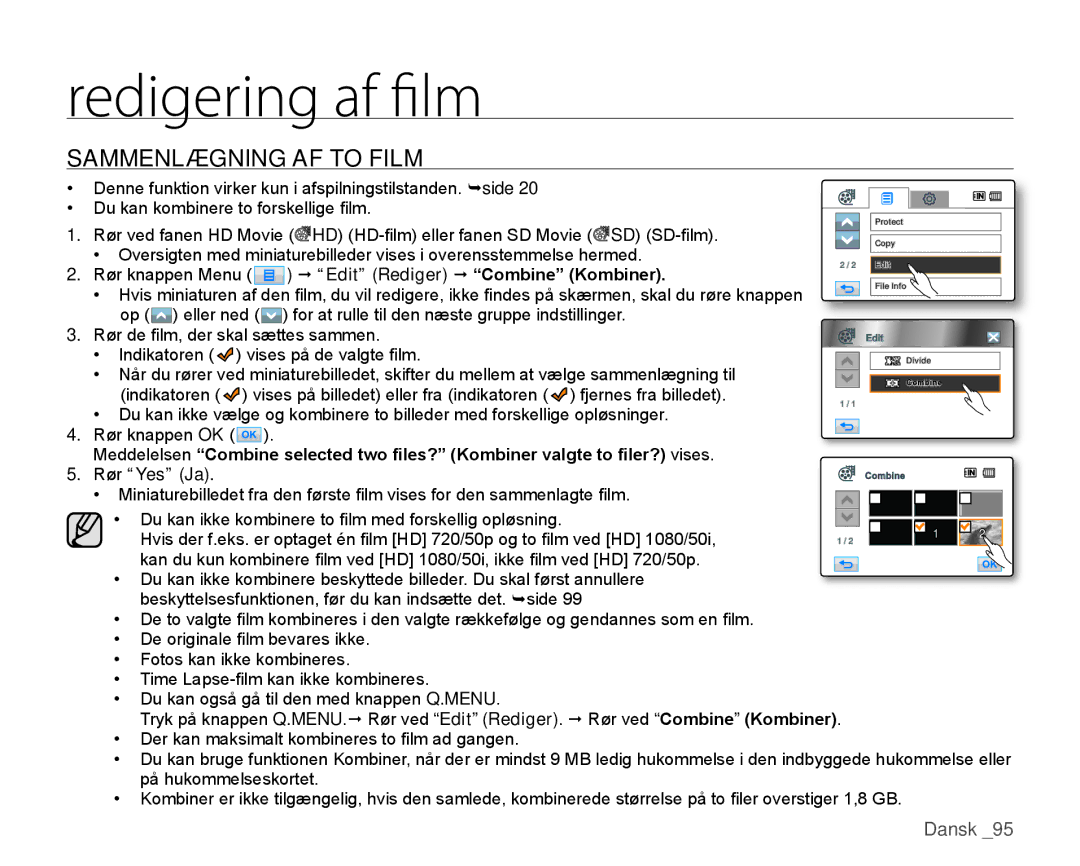 Samsung HMX-H105BP/EDC, HMX-H106SP/EDC, HMX-H100P/EDC manual Sammenlægning AF to Film,  Edit Rediger  Combine Kombiner 