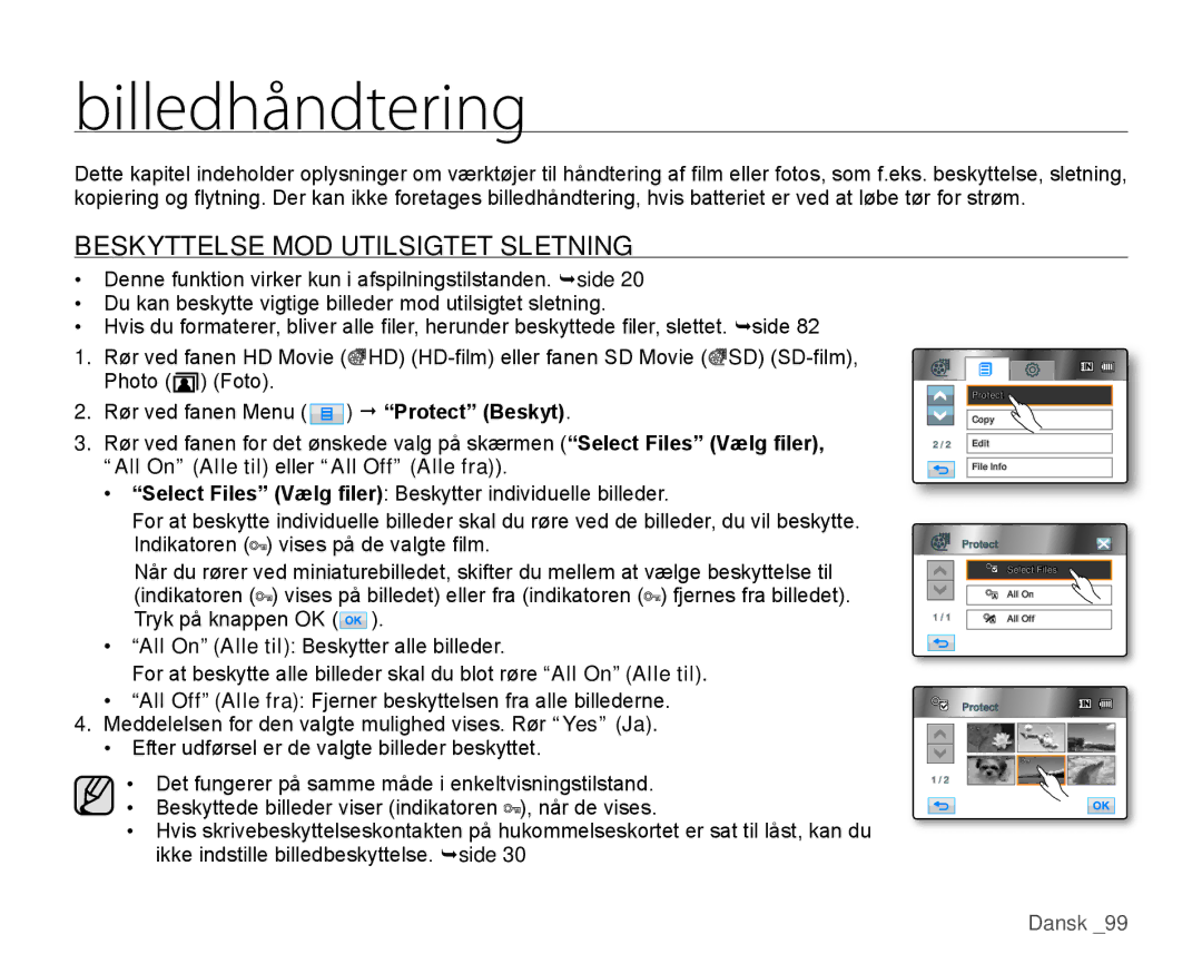 Samsung HMX-H1000P/EDC manual Billedhåndtering, Beskyttelse MOD Utilsigtet Sletning, All On Alle til eller All Off Alle fra 