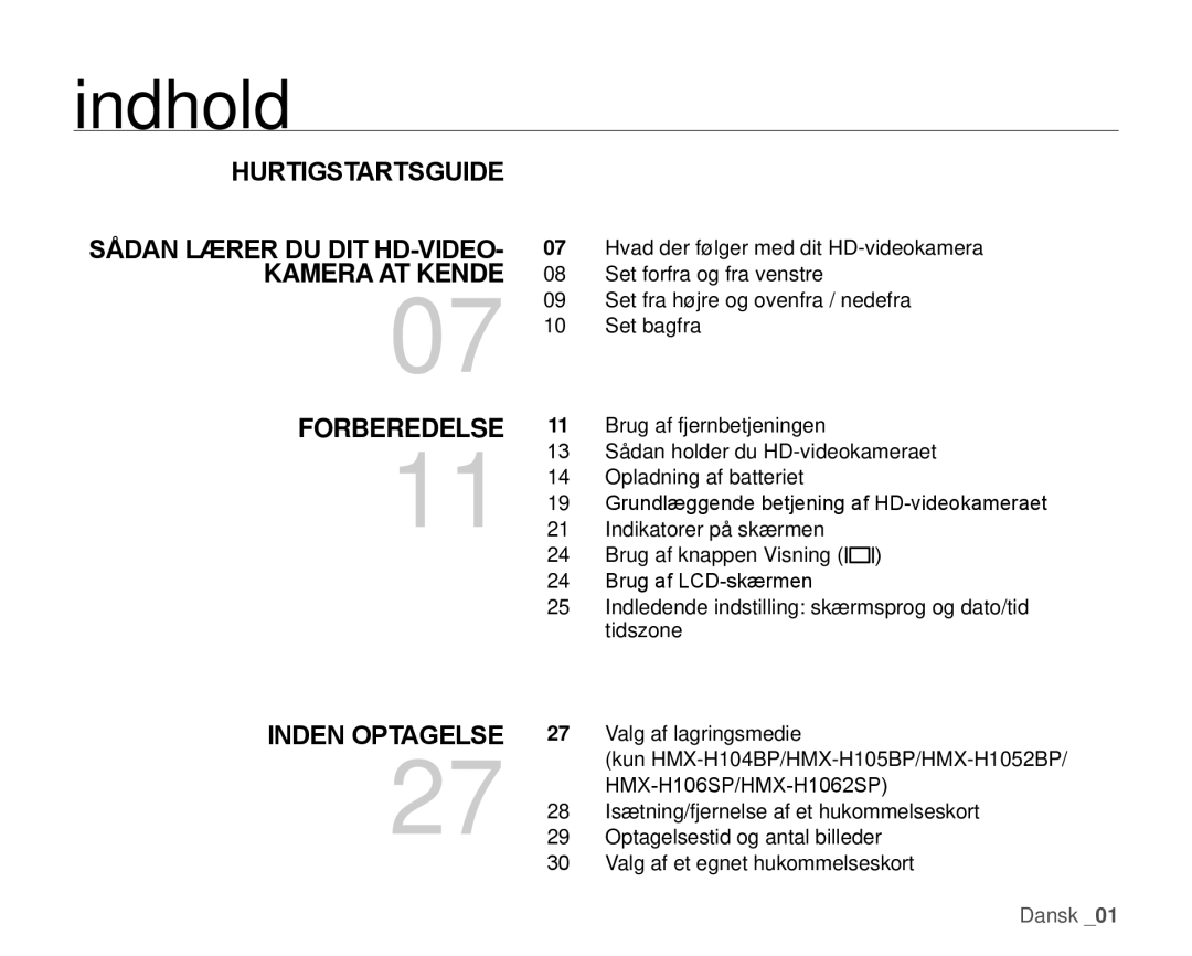 Samsung HMX-H106SP/EDC, HMX-H105BP/EDC Indhold, Sådan Lærer DU DIT HD-VIDEO- Kamera AT Kende Forberedelse, Inden Optagelse 