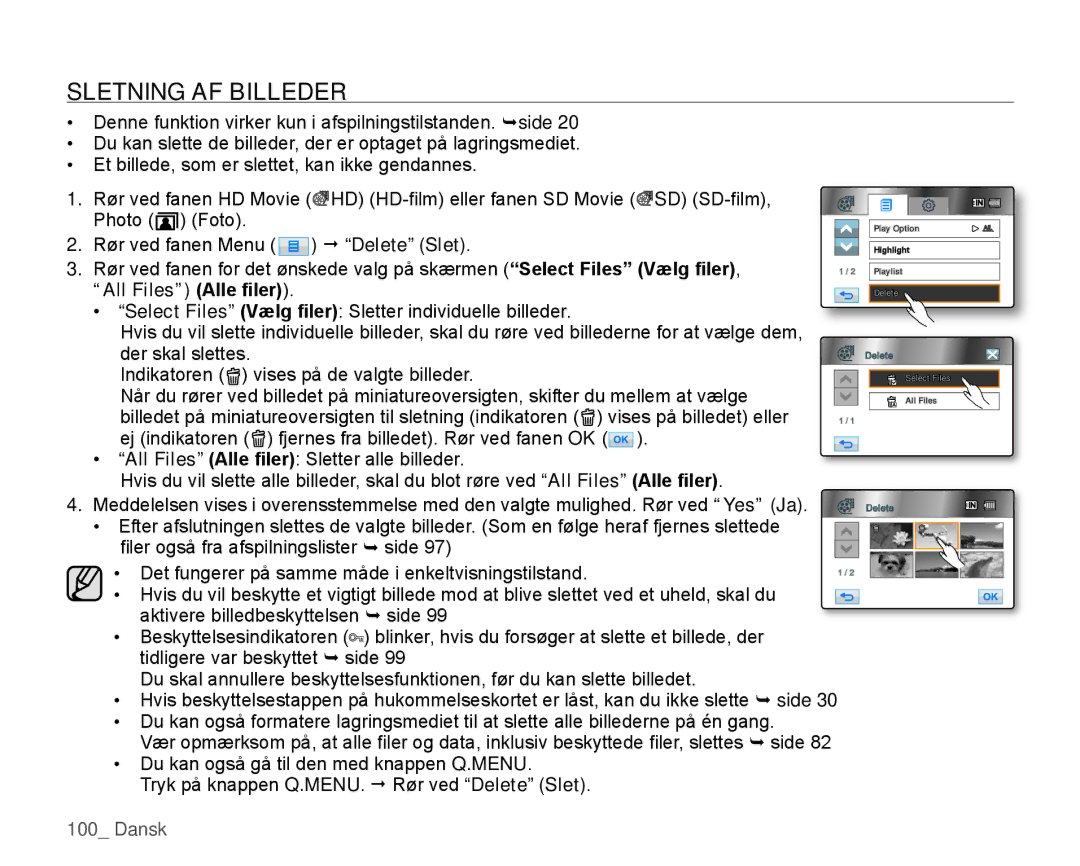 Samsung HMX-H105BP/EDC, HMX-H106SP/EDC, HMX-H100P/EDC, HMX-H104BP/EDC manual Sletning AF Billeder, All Files Alle ﬁler 