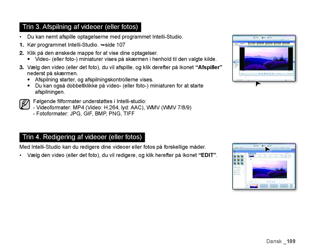 Samsung HMX-H1000P/EDC, HMX-H105BP/EDC, HMX-H106SP/EDC, HMX-H100P/EDC manual Trin 3. Afspilning af videoer eller fotos 