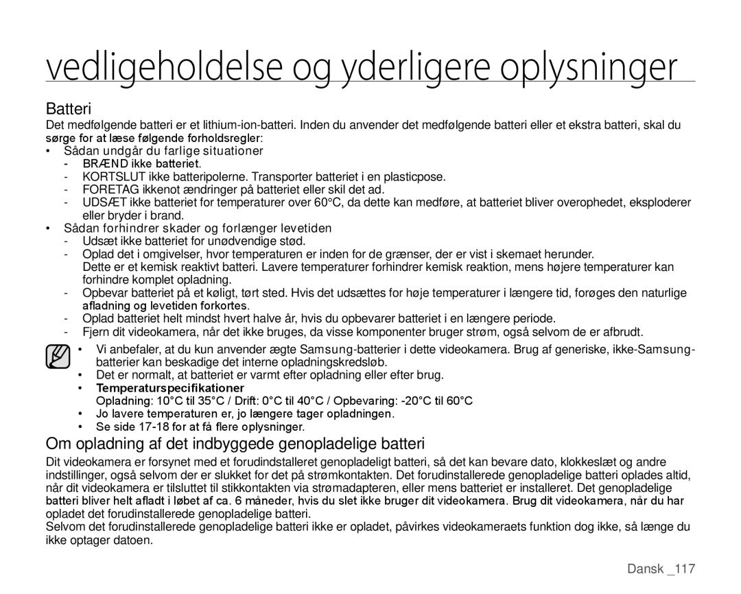 Samsung HMX-H100P/EDC Batteri, Om opladning af det indbyggede genopladelige batteri, Sådan undgår du farlige situationer 