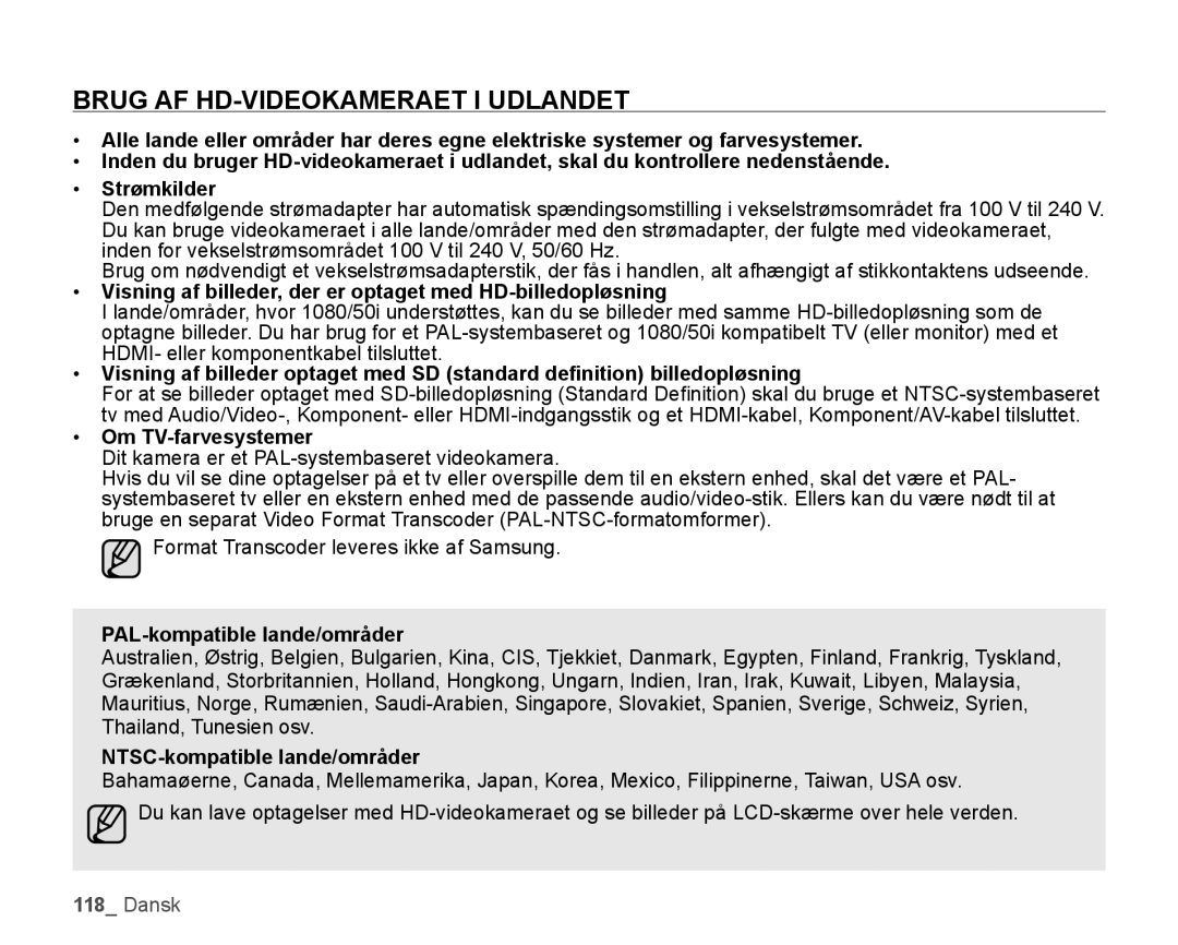 Samsung HMX-H104BP/EDC Brug AF HD-VIDEOKAMERAET I Udlandet, Visning af billeder, der er optaget med HD-billedopløsning 