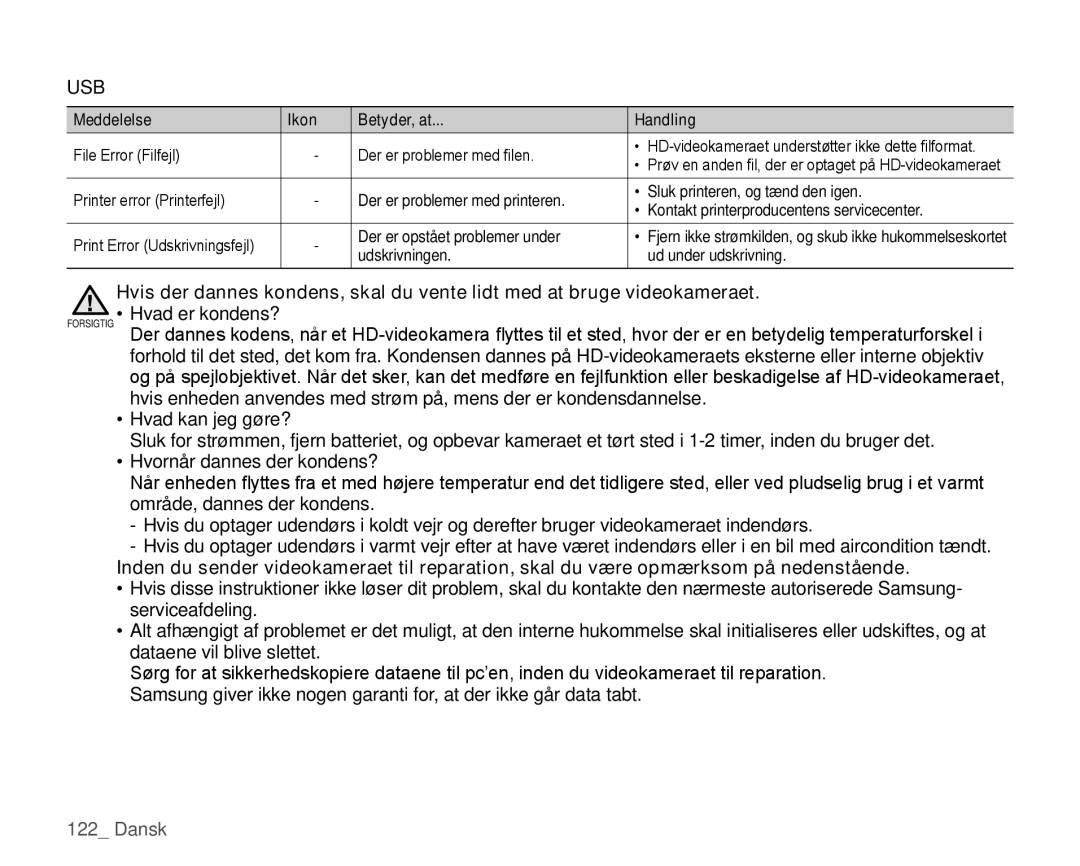 Samsung HMX-H100P/EDC, HMX-H105BP/EDC, HMX-H106SP/EDC, HMX-H104BP/EDC, HMX-H1000P/EDC manual Der er opstået problemer under 