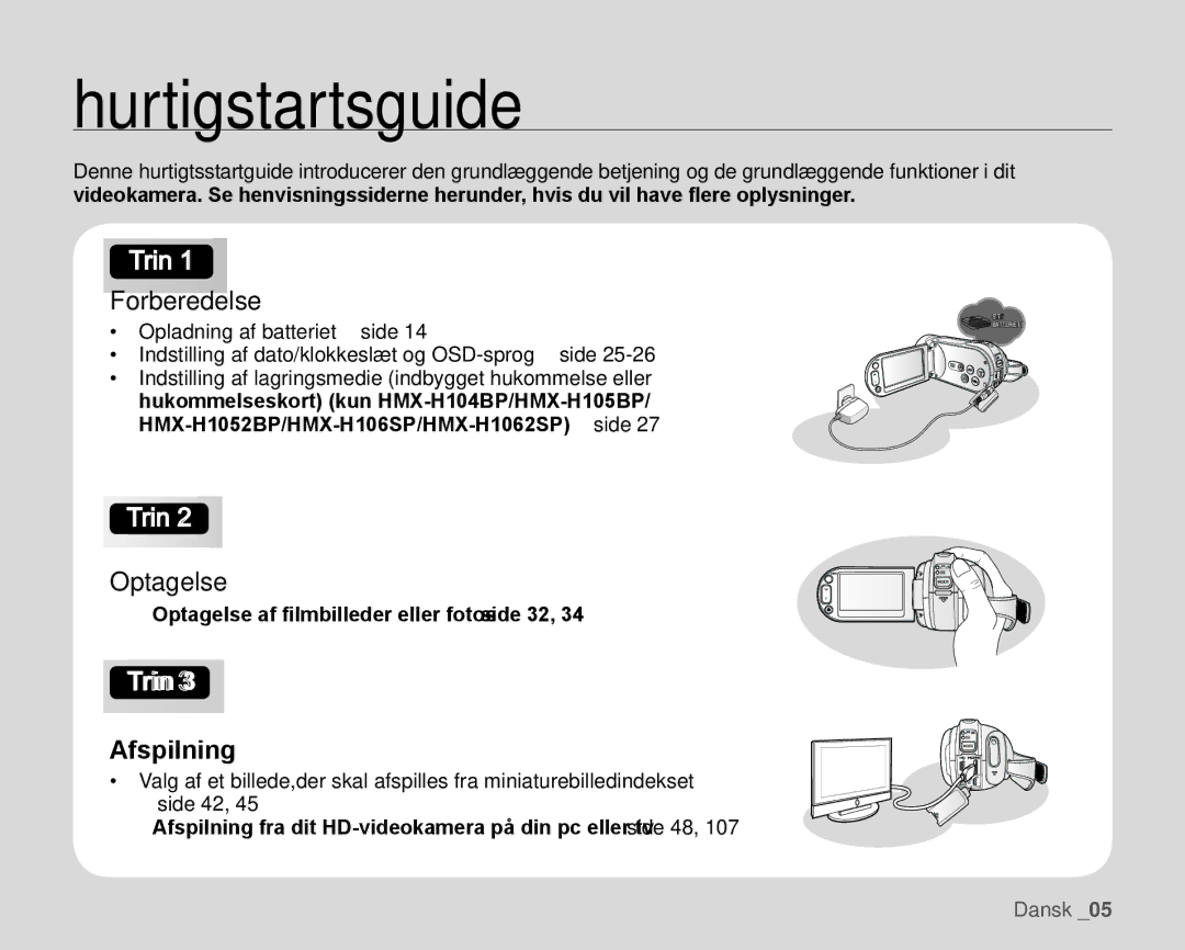 Samsung HMX-H105BP/EDC, HMX-H106SP/EDC, HMX-H100P/EDC, HMX-H104BP/EDC Hurtigstartsguide, Forberedelse, Optagelse, Afspilning 