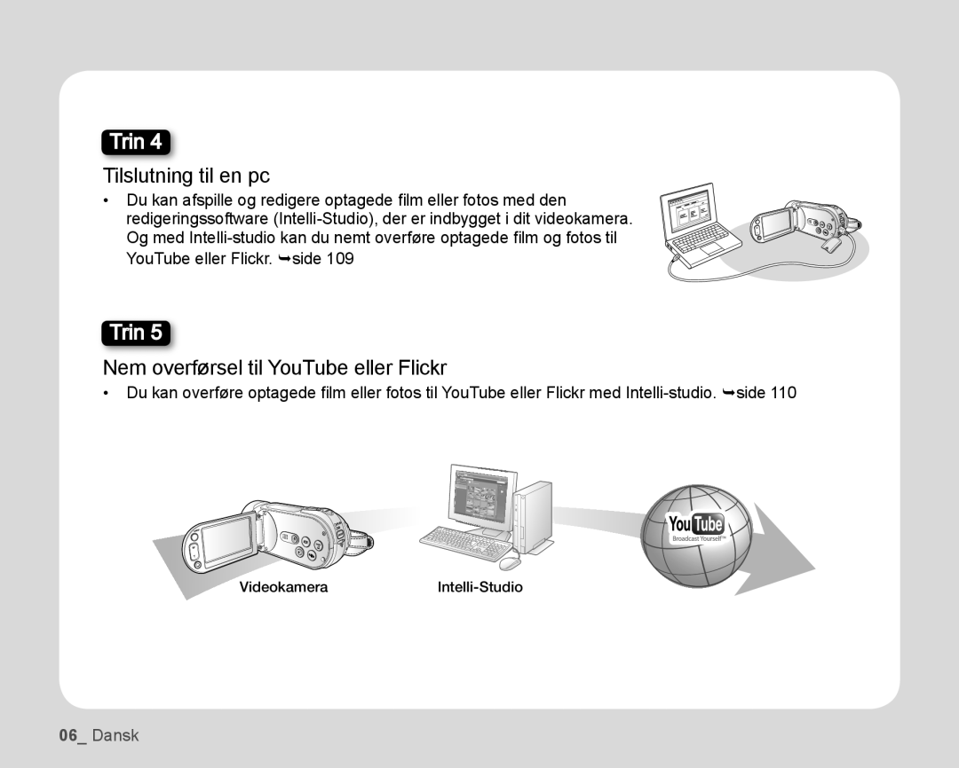 Samsung HMX-H106SP/EDC, HMX-H105BP/EDC, HMX-H100P/EDC manual Tilslutning til en pc, Nem overførsel til YouTube eller Flickr 