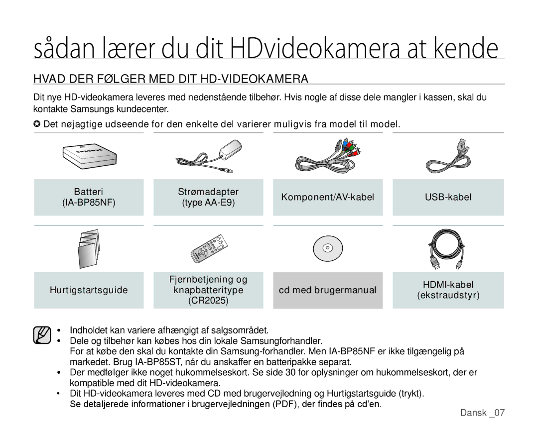 Samsung HMX-H100P/EDC, HMX-H105BP/EDC, HMX-H106SP/EDC Hvad DER Følger MED DIT HD-VIDEOKAMERA, USB-kabel, IA-BP85NF, CR2025 