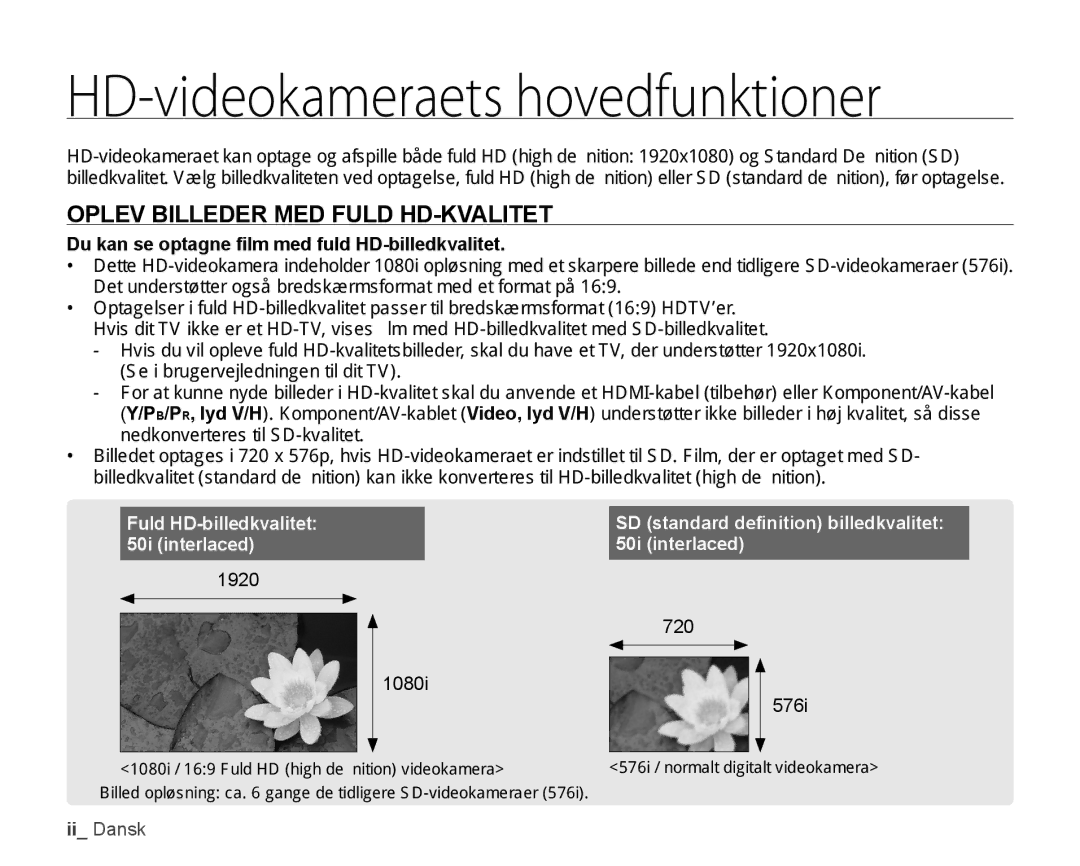 Samsung HMX-H100P/EDC, HMX-H105BP/EDC manual HD-videokameraets hovedfunktioner, Oplev Billeder MED Fuld HD-KVALITET 