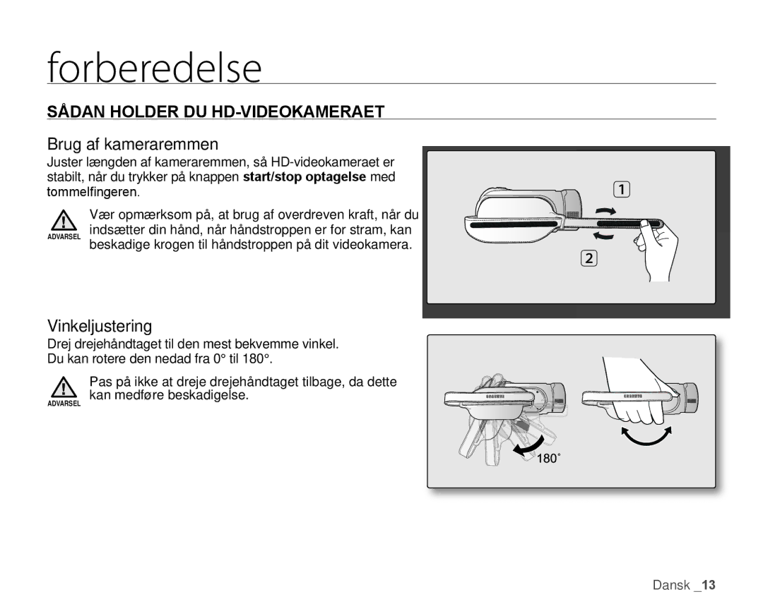 Samsung HMX-H104BP/EDC, HMX-H105BP/EDC manual Sådan Holder DU HD-VIDEOKAMERAET, Brug af kameraremmen, Vinkeljustering 