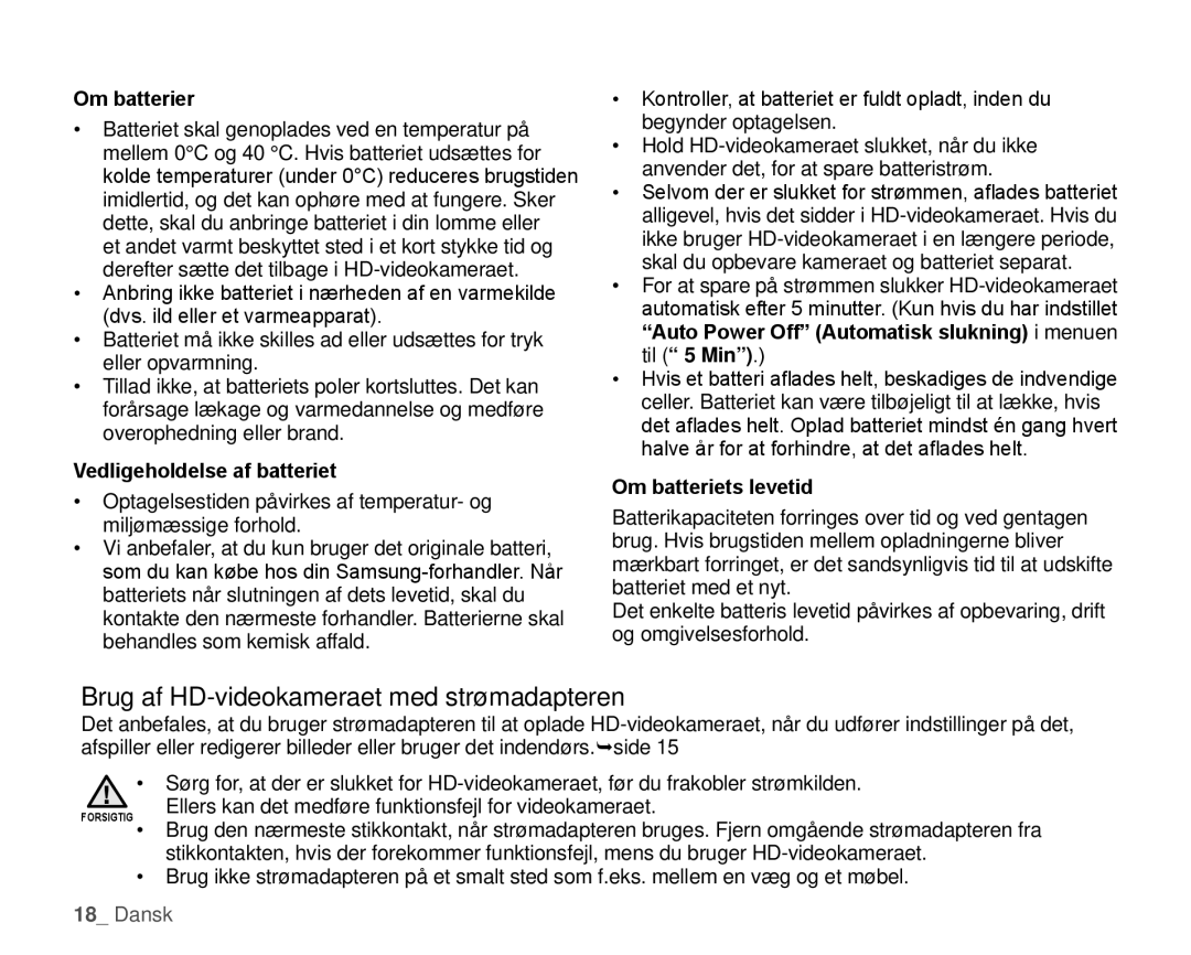 Samsung HMX-H104BP/EDC manual Brug af HD-videokameraet med strømadapteren, Om batterier, Vedligeholdelse af batteriet 