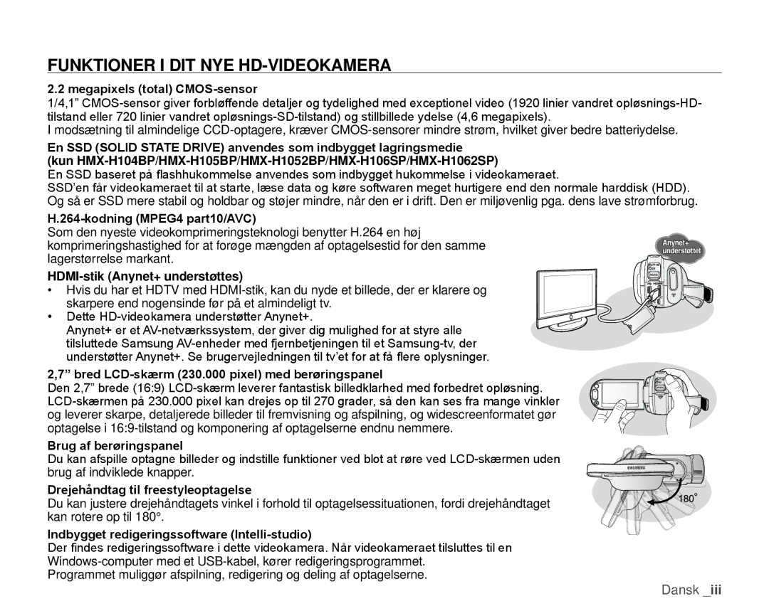 Samsung HMX-H104BP/EDC, HMX-H105BP/EDC, HMX-H106SP/EDC, HMX-H100P/EDC, HMX-H1000P/EDC Funktioner I DIT NYE HD-VIDEOKAMERA 