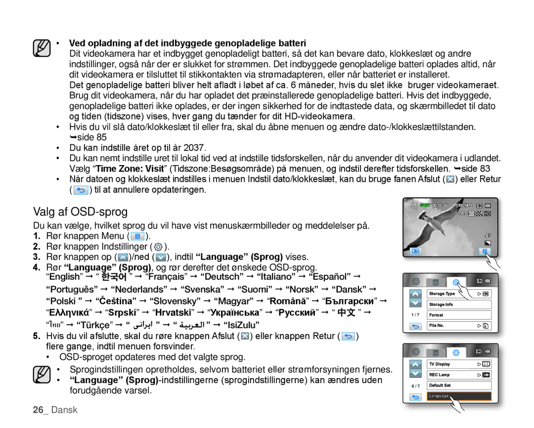 Samsung HMX-H106SP/EDC, HMX-H105BP/EDC manual Valg af OSD-sprog, Ved opladning af det indbyggede genopladelige batteri 