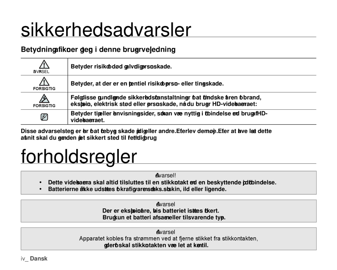 Samsung HMX-H1000P/EDC manual Sikkerhedsadvarsler, Forholdsregler, Betydning af ikoner og tegn i denne brugervejledning 