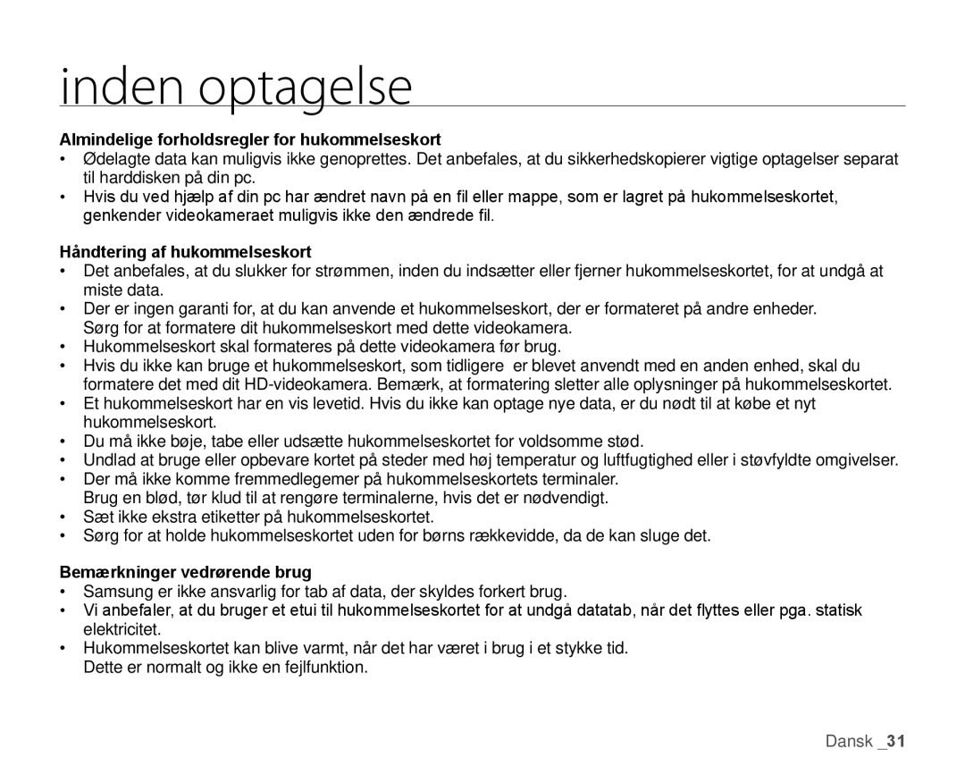 Samsung HMX-H106SP/EDC, HMX-H105BP/EDC manual Almindelige forholdsregler for hukommelseskort, Håndtering af hukommelseskort 