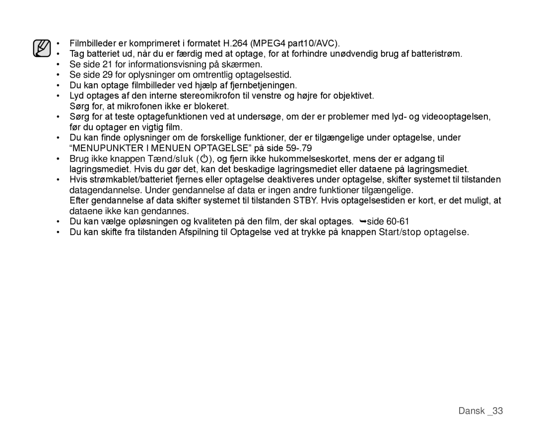 Samsung HMX-H104BP/EDC, HMX-H105BP/EDC, HMX-H106SP/EDC, HMX-H100P/EDC, HMX-H1000P/EDC manual Dansk 