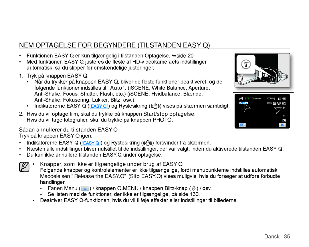 Samsung HMX-H105BP/EDC, HMX-H100P/EDC NEM Optagelse for Begyndere Tilstanden Easy Q, Sådan annullerer du tilstanden Easy Q 