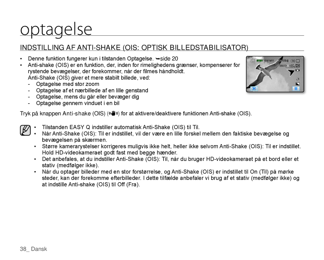 Samsung HMX-H104BP/EDC, HMX-H105BP/EDC, HMX-H106SP/EDC manual Indstilling AF ANTI-SHAKE OIS Optisk Billedstabilisator 