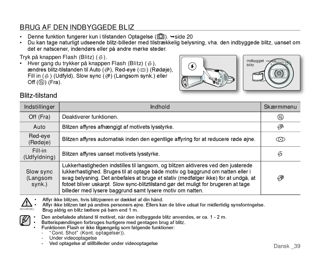 Samsung HMX-H1000P/EDC, HMX-H105BP/EDC, HMX-H106SP/EDC, HMX-H100P/EDC manual Brug AF DEN Indbyggede Bliz, Blitz-tilstand 