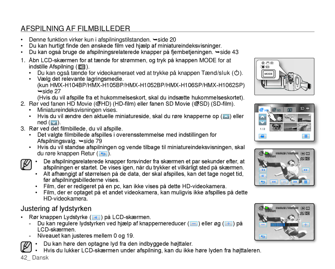 Samsung HMX-H100P/EDC, HMX-H105BP/EDC, HMX-H106SP/EDC, HMX-H104BP/EDC Afspilning AF Filmbilleder, Justering af lydstyrken 