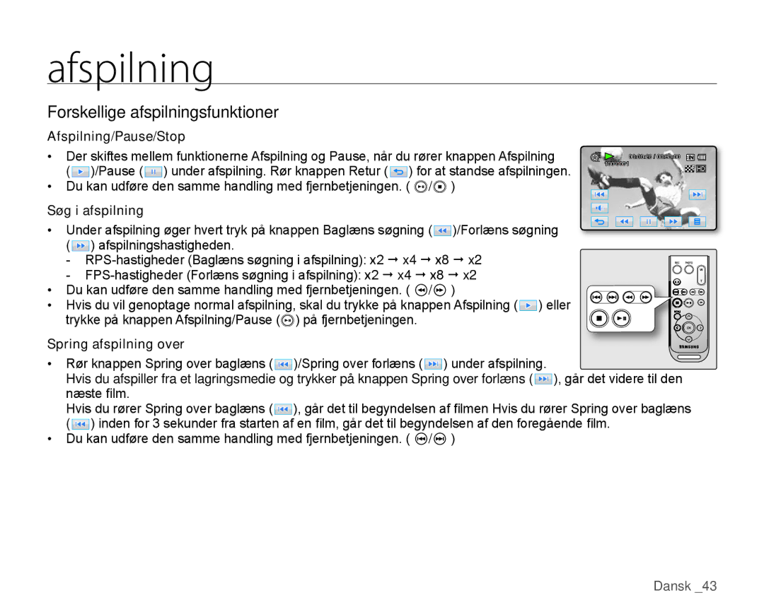 Samsung HMX-H104BP/EDC Forskellige afspilningsfunktioner, Afspilning/Pause/Stop, Søg i afspilning, Spring afspilning over 