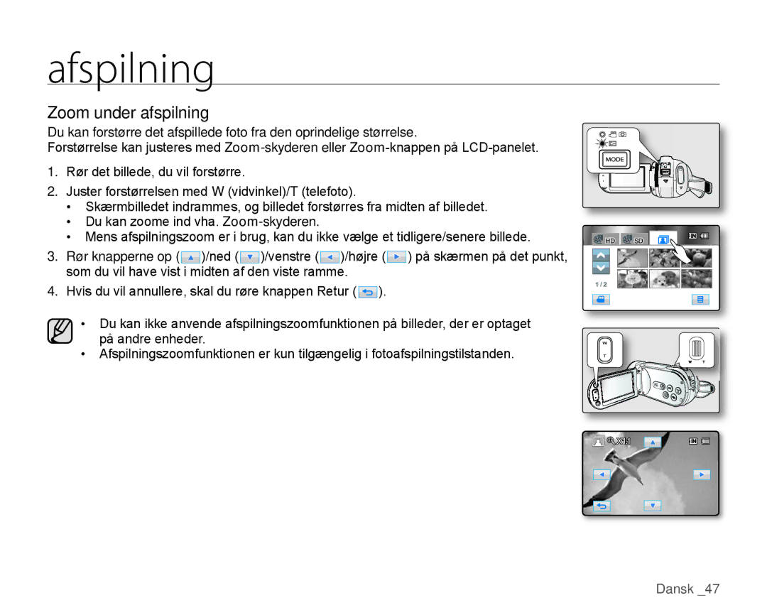 Samsung HMX-H100P/EDC, HMX-H105BP/EDC, HMX-H106SP/EDC, HMX-H104BP/EDC, HMX-H1000P/EDC manual Zoom under afspilning 