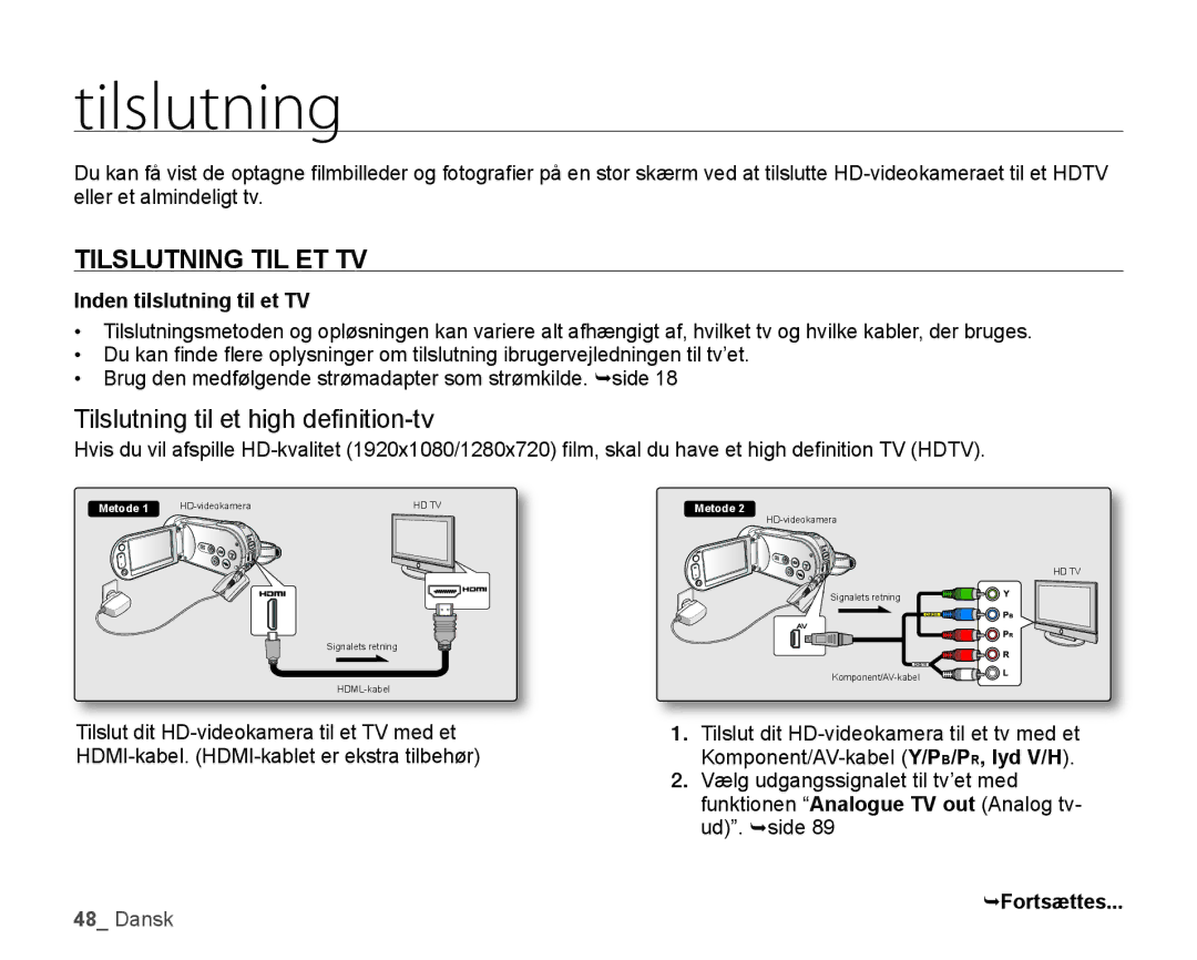 Samsung HMX-H104BP/EDC manual Tilslutning TIL ET TV, Tilslutning til et high deﬁ nition-tv, Inden tilslutning til et TV 