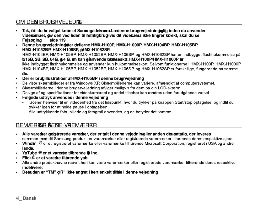 Samsung HMX-H106SP/EDC, HMX-H105BP/EDC, HMX-H100P/EDC manual OM Denne Brugervejledning, Bemærkninger Angående Varemærker 