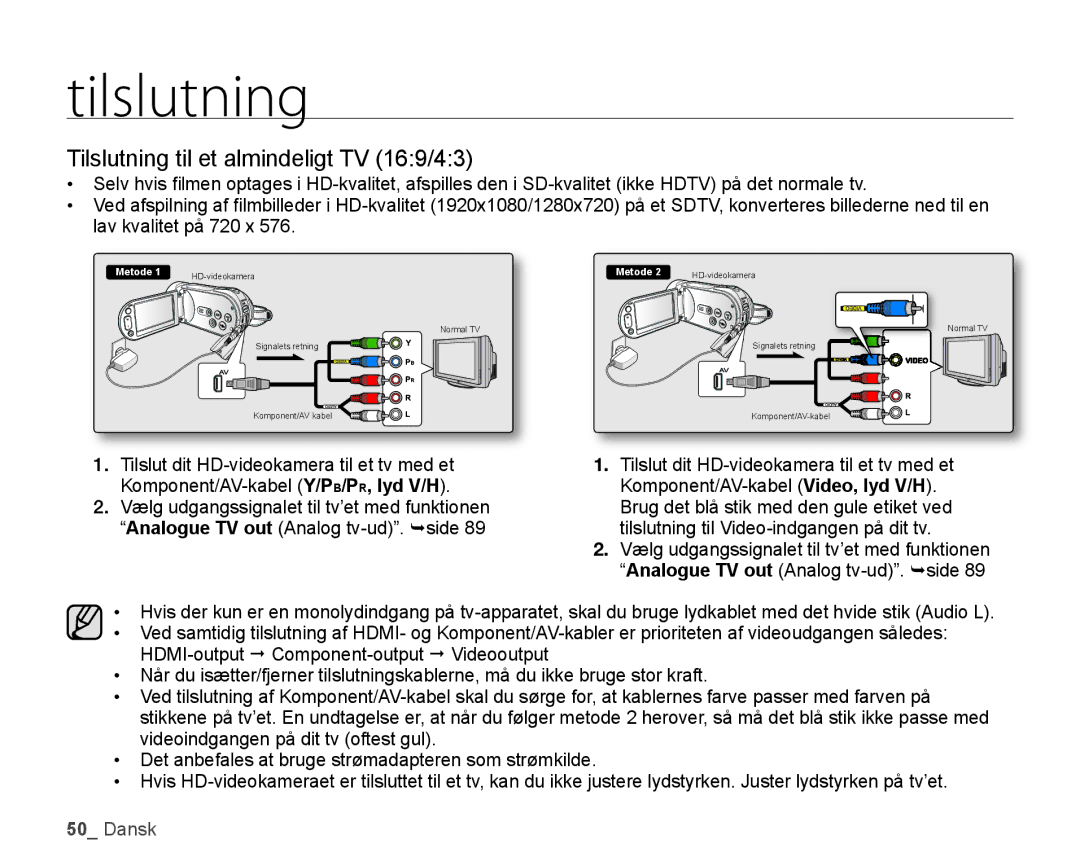 Samsung HMX-H105BP/EDC, HMX-H106SP/EDC, HMX-H100P/EDC, HMX-H104BP/EDC manual Tilslutning til et almindeligt TV 169/43 