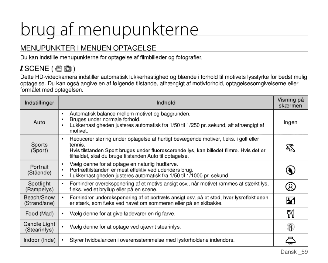 Samsung HMX-H1000P/EDC, HMX-H105BP/EDC, HMX-H106SP/EDC, HMX-H100P/EDC, HMX-H104BP/EDC Menupunkter I Menuen Optagelse, Scene 