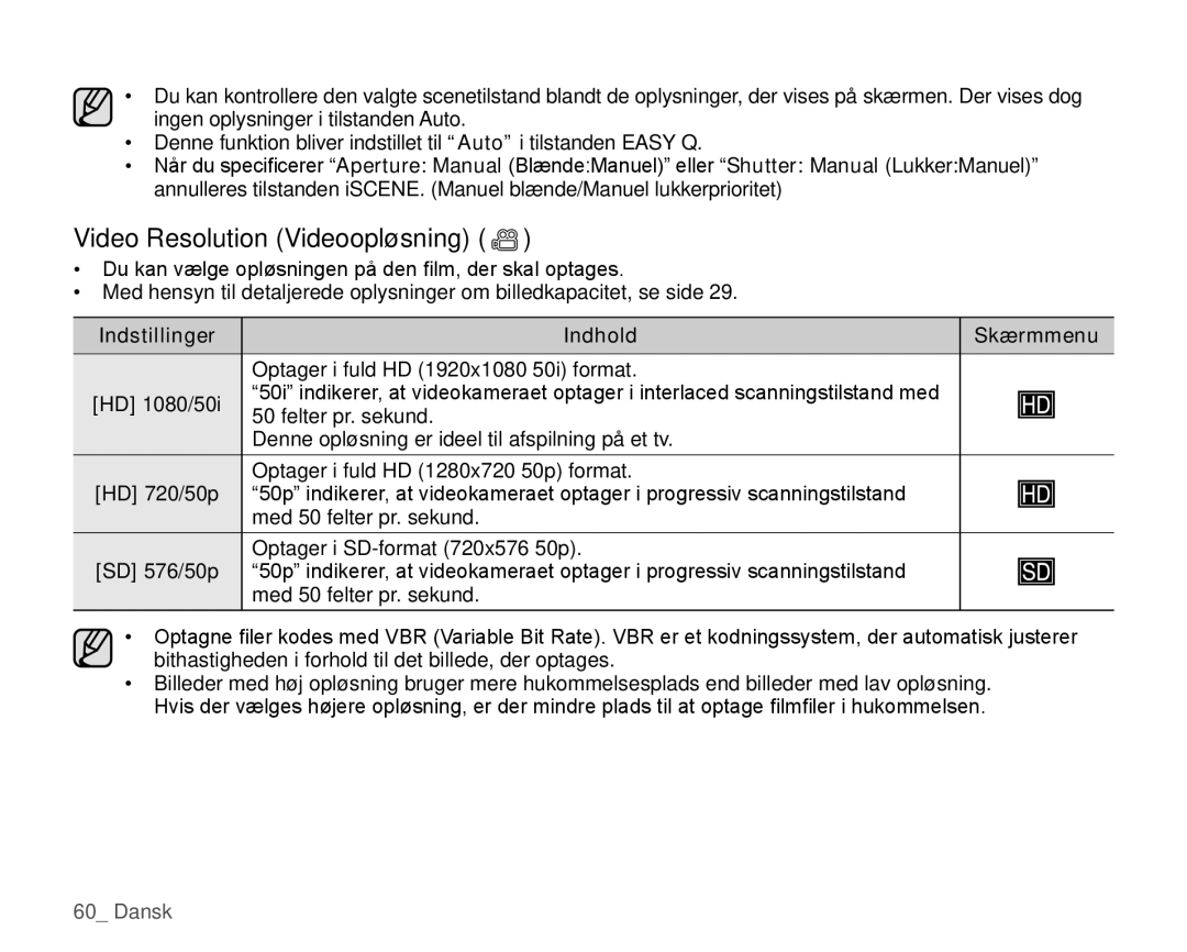 Samsung HMX-H105BP/EDC manual Video Resolution Videoopløsning, Indstillinger Indhold Skærmmenu, HD 1080/50i, HD 720/50p 