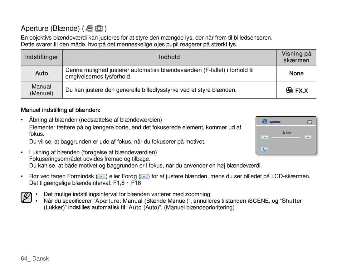 Samsung HMX-H1000P/EDC, HMX-H105BP/EDC, HMX-H106SP/EDC, HMX-H100P/EDC, HMX-H104BP/EDC manual Aperture Blænde, Manual, Manuel 