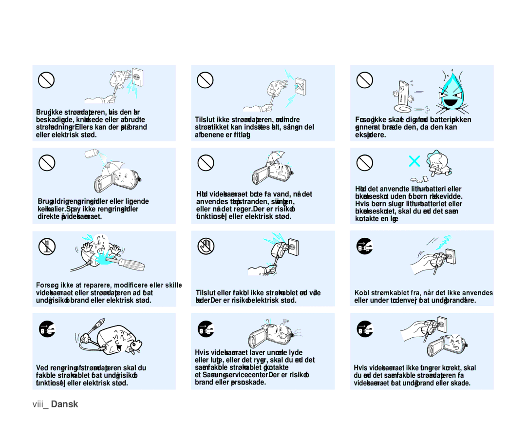 Samsung HMX-H104BP/EDC, HMX-H105BP/EDC, HMX-H106SP/EDC, HMX-H100P/EDC, HMX-H1000P/EDC manual Viii Dansk 