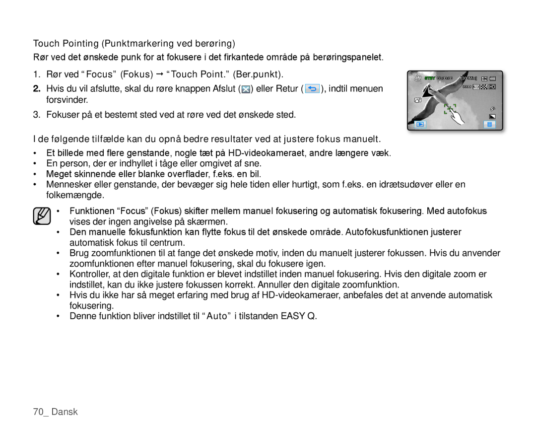 Samsung HMX-H105BP/EDC manual Touch Pointing Punktmarkering ved berøring, Rør ved Focus Fokus  Touch Point. Ber.punkt 