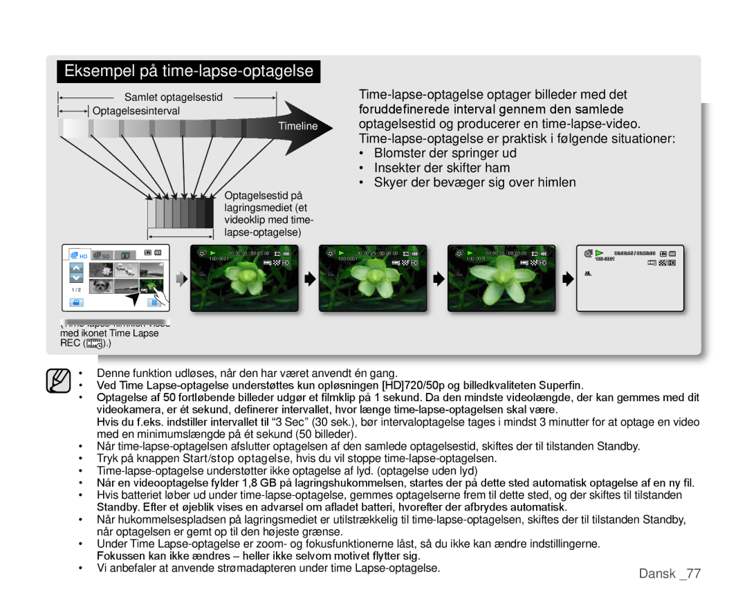 Samsung HMX-H100P/EDC, HMX-H105BP/EDC, HMX-H106SP/EDC, HMX-H104BP/EDC, HMX-H1000P/EDC manual Eksempel på time-lapse-optagelse 