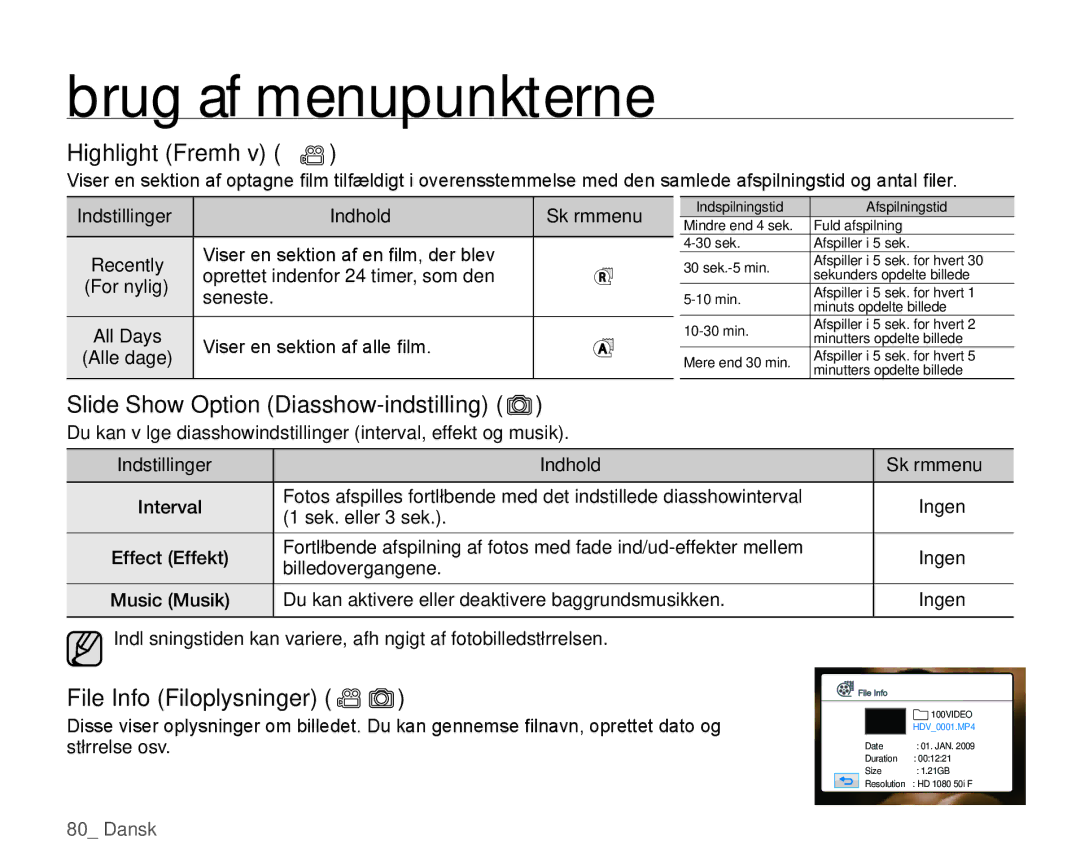 Samsung HMX-H105BP/EDC Highlight Fremhæv, Slide Show Option Diasshow-indstilling, File Info Filoplysninger, Alle dage 