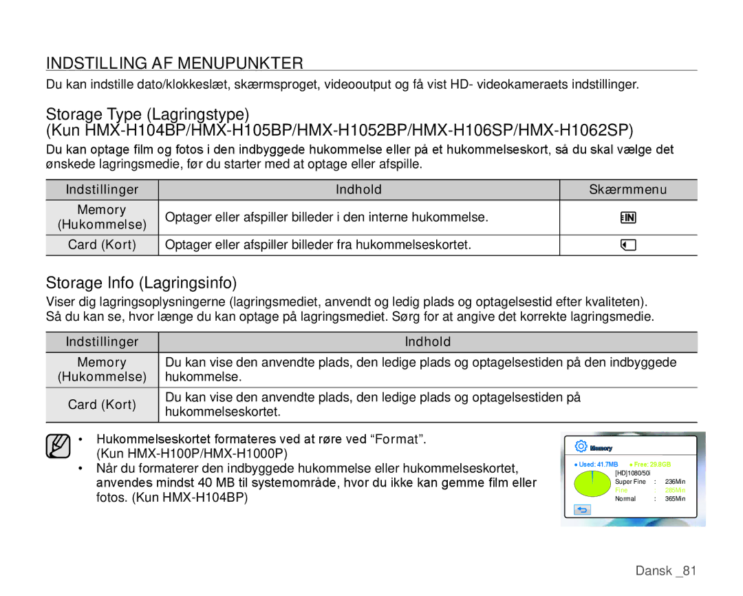 Samsung HMX-H106SP/EDC, HMX-H105BP/EDC, HMX-H100P/EDC, HMX-H104BP/EDC Indstilling AF Menupunkter, Storage Info Lagringsinfo 