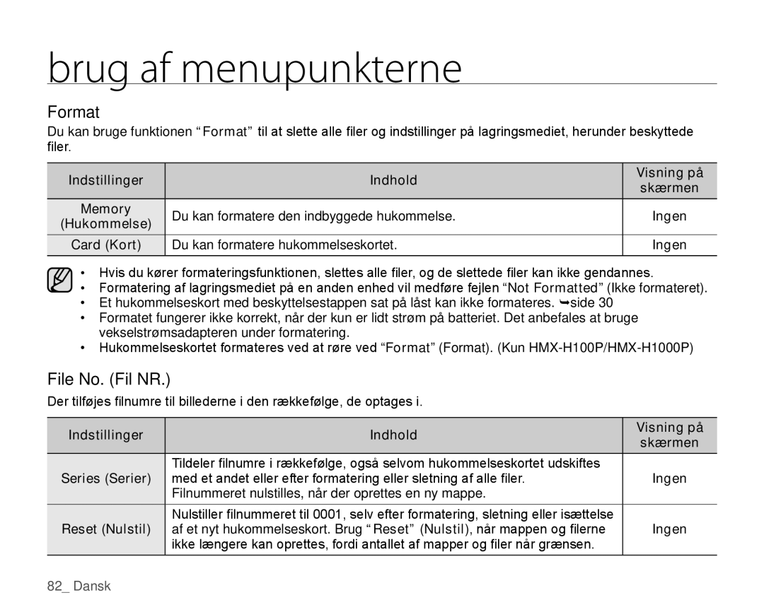 Samsung HMX-H100P/EDC manual Format, File No. Fil NR, Du kan formatere hukommelseskortet, Series Serier, Reset Nulstil 